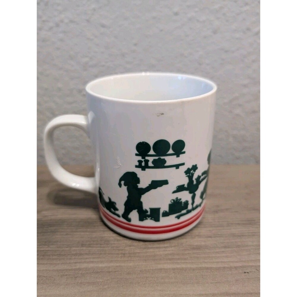 Vintage 1984 Avon Christmas Mug Mrs Claus Green Silhouette Red Stripe
